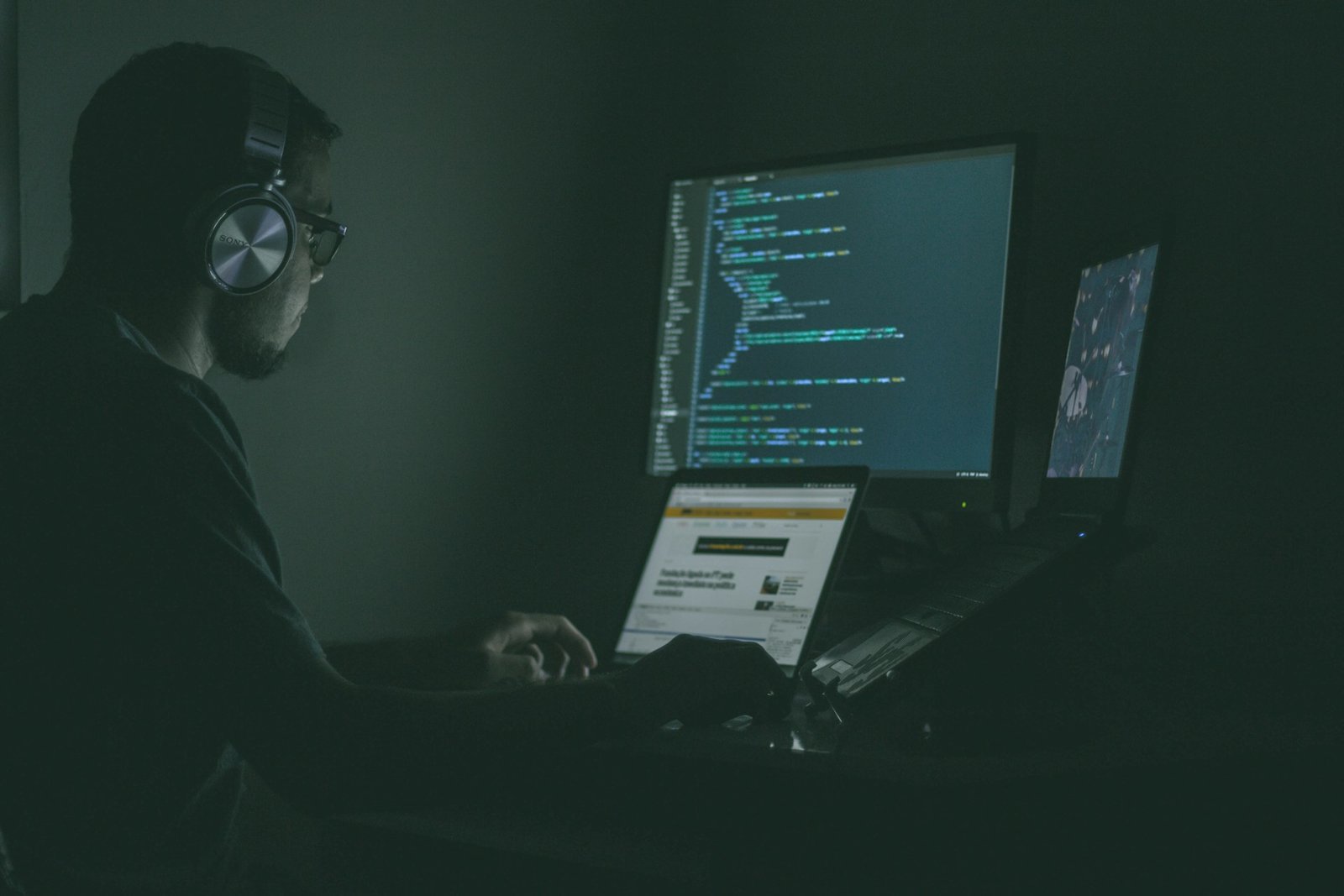 Developer working at two open laptop computers with code on screen in a dark workspace